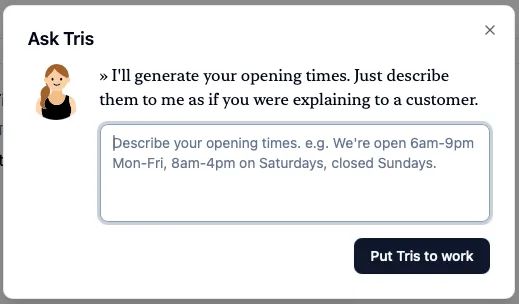 Tris within Reservate, helping to set up Opening Times